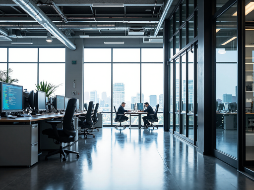 Modern office interior with professional staff working at desks, multiple computer monitors, business documents, and collaborative workspace environment