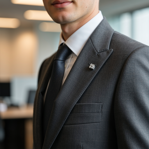 Forty year old professional male executive wearing dark suit and tie, standing in modern office environment with corporate logo visible in background, confident posture