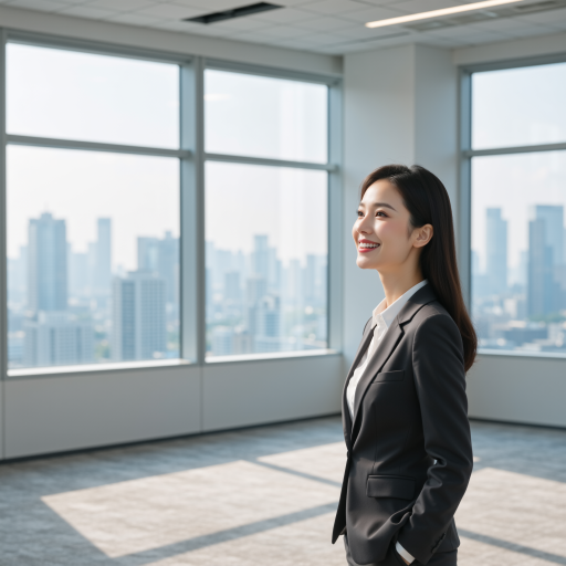 Thirty five year old professional female executive wearing business attire, standing in modern office with city skyline view through large windows, professional headshot